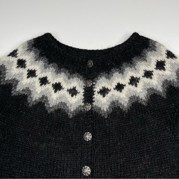 Fair Isle Cardigan Sweater Hand Knit Iceland Wool Black Grey Fisherman Apres Ski - Picture 4 of 15